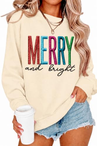 HOTHYPOP Christmas Sweatshirts For Women Crewneck Embroidered Tops Apricot - image 1