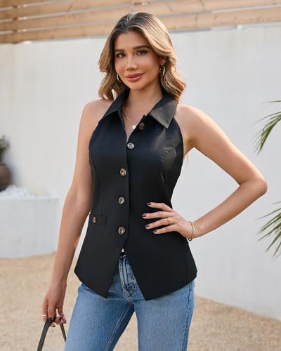 Women's Halter Neck Vest Lapel Collar Button Down Sleeveless Blazer Vest Business Casual Tops2