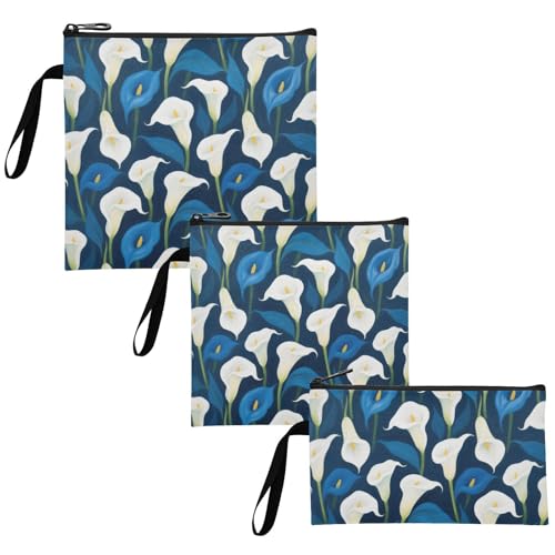 White and Blue Calla Lilies 3 pack Reusable Snack Bags and Sandwich Bags Portable Diaper Bag Organization for Camp Friends and Gear