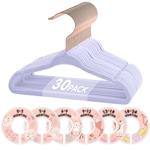 Image of Kids Velvet Hangers, VIS'V 11 Inch Purple Non-Slip Baby Clothes Hangers with 6 Pcs Cute Clothing Dividers for Infant Toddler Boys & Girls Closet Organizer - 30 Pack