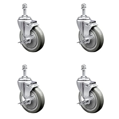 Stainless Steel Polyurethane Swivel Threaded Stem Caster Set of 4 w/5