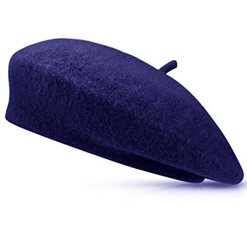 Wool Beret Hat Solid Color French Artist Beret with Skily Scarf and Brooch (Dark Blue)