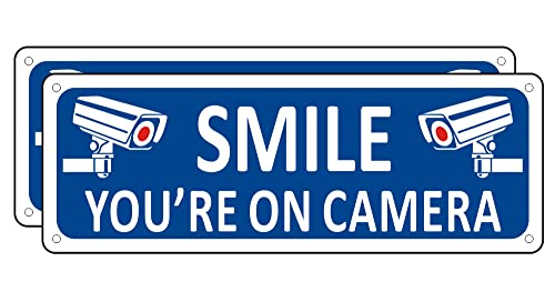 Smile Your on Camera Signs, (2 Pack) Metal Video Surveillance Signs Outdoor, 10" x 3.5" Camera Signs for Home Security, Blue Alu