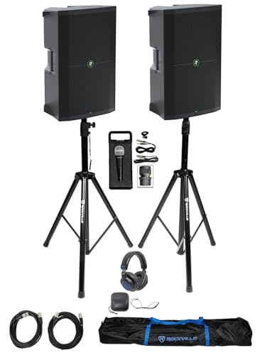 Audiosavings Bundle: (2) Mackie Thump215 DJ PA Speaker Bundle with Pair of Rockville Adjustable Tripod Speaker/Light Stands, Rockville DJ1500 DJ Headphones + Rockville RMC-XLR DJ Microphone (5 Items)