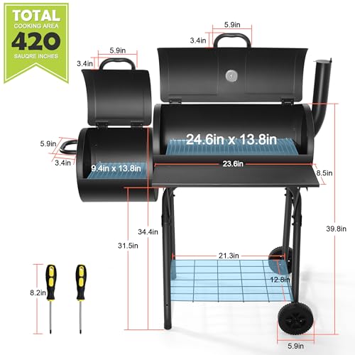 Image of HaSteeL Outdoor Charcoal Grill with Cover, Large Barrel BBQ Grill with Offset Smoker, Great for Camping Patio Backyard Garden Party Picnic Beach, Large 420.SQ.IN Cooking Area, 2 Screwdrivers - Black