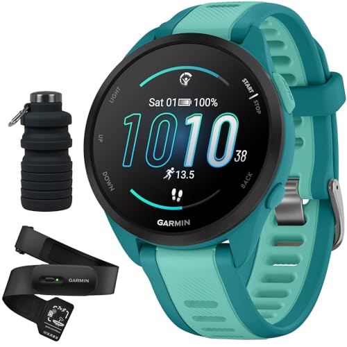 Garmin Forerunner 165 Music Smart Sport Watch, Turquoise + Aqua with HRM 200 Heart Rate Monitor Strap (XS-S) Bundle with Deco Essentials Collapsable Water Bottle