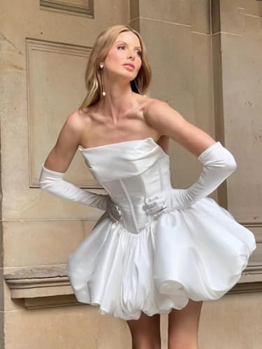 Short Satin Wedding Dresses for Bride Womens White Strapless Bridal Shower Dress Ruffle Mini Ball Gown2