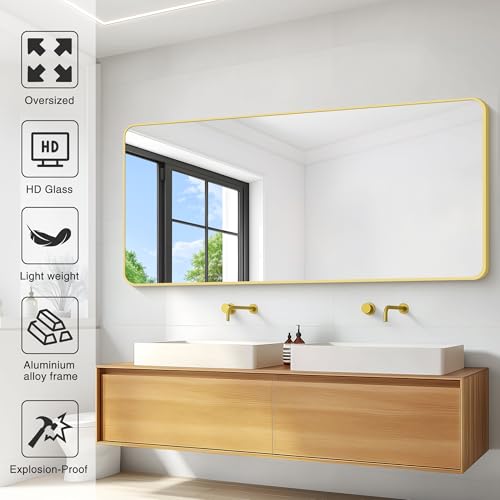 Image of 30 inchx60 inch Gold Bathroom Mirror, Large Rectangle Wall Mounted Mirror with Rounded Corner, Aluminum Metal Frame Vanity Mirror for Bathroom Bedroom Living Room