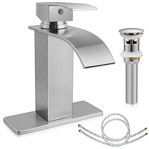 Homikit Waterfall Bathroom Sink Faucet with Pop Up Drain, Brushed Nickel Bathroom Faucet for Sink 1 or 3 Hole, 18/10 Stainless Steel Bath Vanity Faucet Single Handle, Farmhouse Vessel Faucet with Deck Homikit Waterfall Bathroom Sink Faucet with Pop Up Drain, Brushed Nickel Bathroom Faucet for Sink 1 or 3 Hole, 18/10 Stainless Steel Bath Vanity Faucet Single Handle, Farmhouse Vessel Faucet with Deck