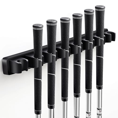 Blueweenly 1 Pack Wooden Golf Club Holder Wall Mount 8 Clips Golf Club Rack Hanger Organizer For Wall Display Garage Putters With Screws, Grip Up Type (Black)