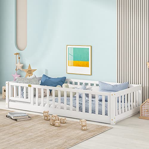 Twin Size Floor Platform Bed With Fence, Wooden Playpen Bed For Kids, Kids Fence Bed With Door, No Box Spring Needed (White) #TOP10