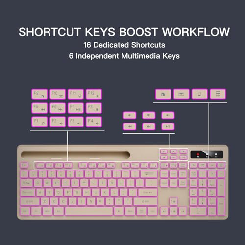 Image of Soueto Wireless Keyboard with 7-Color RGB Backlit, Full-Size Computer Keyboard with Phone Tablet Holder, 2.4G Rechargeable Gaming Keyboard with Light Up Keys, Compatible with Mac, Windows (Latte)