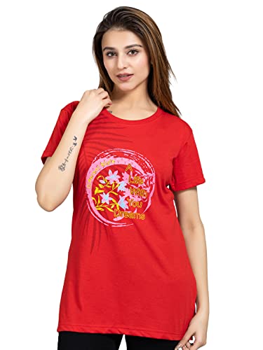 Image of Magknit Fancy Printed Both Side Cut Cotton Blend Half Sleeves and Lightwiegt Trendy Summer Long T Shirt for Women