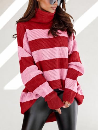 Image of Womens Turtleneck Oversized Sweater Batwing Chunky Pullover Sweater Casual Fall Loose Knit Jumper Top