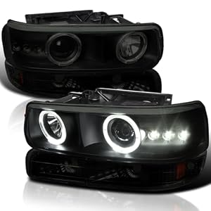 SPEC-D TUNING Smoke LED Halo Projector Headlights + Bumper Lights Compatible with 1999-2002 Chevy Silverado 1500 2500 3500, 2000-2006 Tahoe, Left + Right Pair Headlamps Assembly