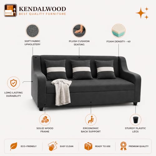 Image of KENDALWOOD Furniture 3 Seater Fabric Curve Handle Sofa for Living Room Furniture | 3 Seater Sofa | Sofa for Home & Office | Fabric Color:- Dark Gray