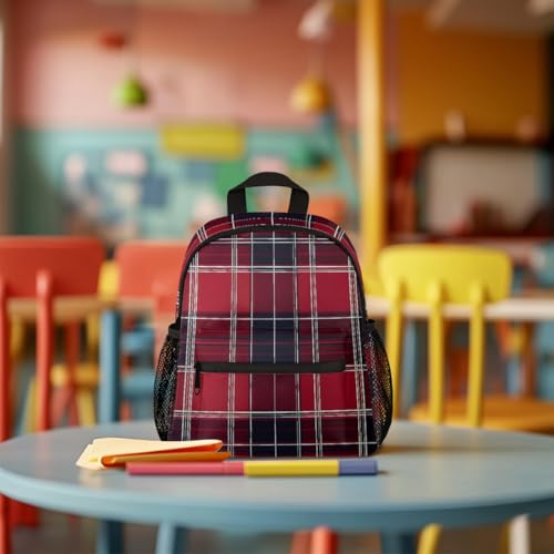 Toddler Backpack Classic Red Blue Tartan Plaid Kids Bacpack for Boys Girls Kindergarden Preschool Bag Lightweight Small Travel Rucksack Bag with Bottle Holder3