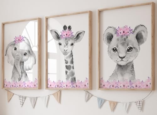 Image of Safari Animals Baby Girls Nursery Set of 3 Unframed Wall Art Prints, Gray Baby Animals with Pink Flowers, Child Bedroom Nursery Decor Posters, Giraffe Elephant Lion (8x10)