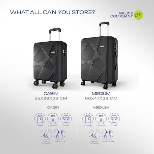 Image of Safari Cabin Pentagon Pro 8 Wheels Set of 2 (+ Medium) Trolley Bags, Hard Case Polypropylene, 360º Wheeling Luggage for Men & Women, Suitcase for Travel, Trolley Bags for Travel, Black