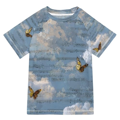 Boys Short Sleeve T-Shirts Butterfly Note Music Rashguard Kids Swim Shirts Sun UPF 50+