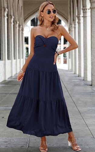 Image of ECOWISH Women's Summer Strapless Maxi Dress 2026 Off Shoulder Hollow Out Smocked A Line Tube Tiered Long Dresses