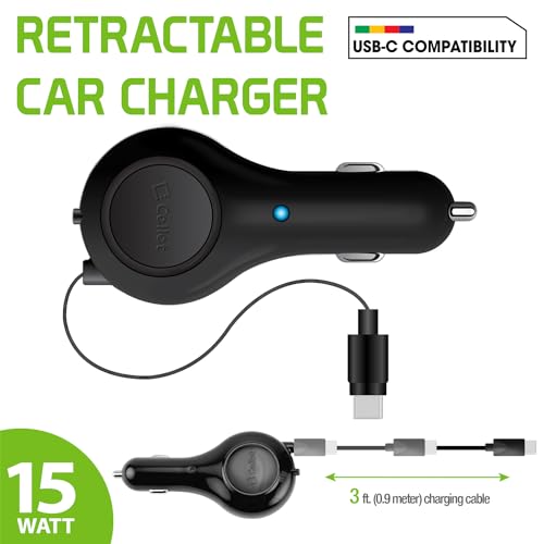 Cellet Retractable iPhone 15 Car Charger, Samsung Galaxy Smartphone, Google Pixel Smartphone Car charger (TYPE-C 15 WATT)