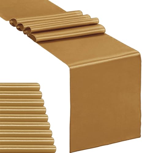 10-Pack Satin Table Runner Old Gold 12 x 108 inches Long, Table Runners for Wedding, Birthday Parties, Banquets Decorations（10 Pack, 12x108 Inch, Old Gold）