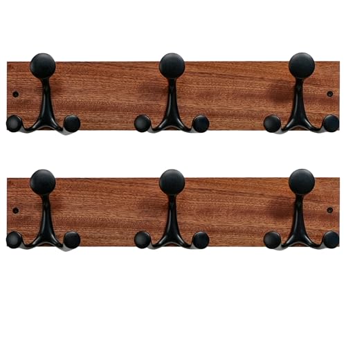 SKOLOO 17-Inch Wood Coat Rack Wall Mount with 3 Triple Hooks - Ideal for Family Entrances, Classrooms, and Pet Supplies Storage - Perfect Coat Hooks for Wall,Mahogany (Sapele), Pack of 2