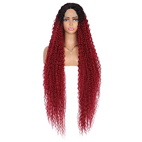 Olymei 38 " Lace Front Wigs for Women Deep 6 Inch Middle Lace Part Ombre Burgundy Curly Wave Wig Natural Looking Synthetic Lace Frontal Wig