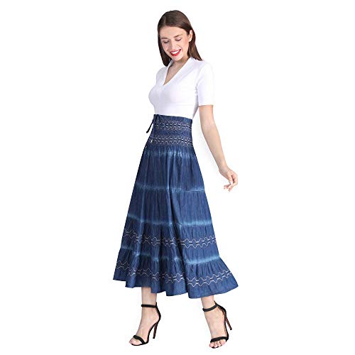 Maxi Skirt Womens High Waist Pleated Tiered Long Skirts, Denim Look with Elastic Waistband, Casual Style Midi Dress for Women, Multi Wearing Styles (Blue18, XX-Large)2