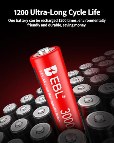 Image of EBL Rechargeable AA Lithium Batteries with Charger, 16Pack 1.5V 3000mWh | Double A Battery Rechargeable, 1200 Cycles, 1.5V Constant Voltage, Charger Fits Ni-MH /Li-ion, Ideal For Outdoor Camera