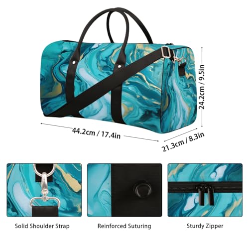 Abstract Teal And Blue Marble Print Travel Duffel Bag Sports Tote Gym Bag Waterproof Tear-Resistant Carry On Overnight Bag Foldable Weekender Bag for Gym Travel Getaway Beach Sports2