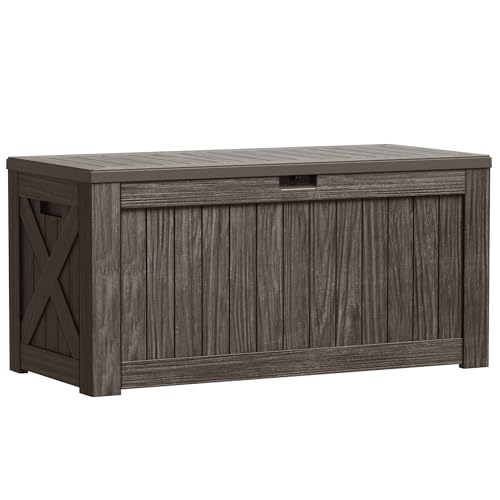 Image of Greesum Outdoor Storage Box 120 Gallon Storage Bin with Lid for Patio Furniture, Garden Tools, Pool Supplies, Lockable, Waterproof and UV Resistant, Dark Brown