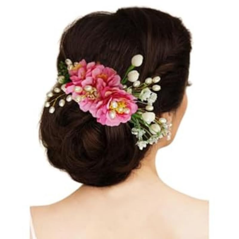 Image of Hair Flare Comb Slide for Women, Girls Artificial Flower Hair Accessories, Bridal Hair Pin for Bun, 2215 - Baby Pink