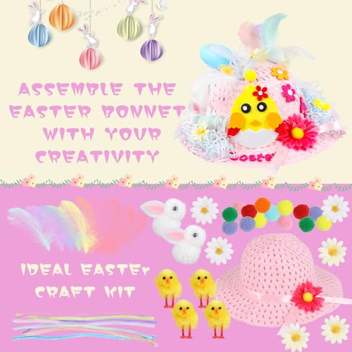SULOLI Easter Bonnet Decorations Kit,Easter Hats to Decorate Make Your Own Easter Bonnet Easter Bonnet Hat for Kids Easter Bonnet Making Kit for Girls(Pink) - Image 4