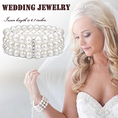 EIELO 6 Pcs Rhinestone Stretch Bracelet for Women Sparkly Clear Crystal Wedding Bridal Bridesmaid Stretch Bracelet Jewelry Stackable Elastic Pearl Multilayer Strand Link Tennis Bracelets Set3