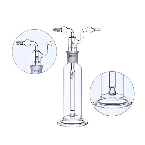 Botella de lavado de gas de vidrio de laboratorio de 250 ml, trampa de vacío con dos tubos curvados, junta 29/32, botella de vidrio de borosilicato para kit de cristalería de laboratorio de química