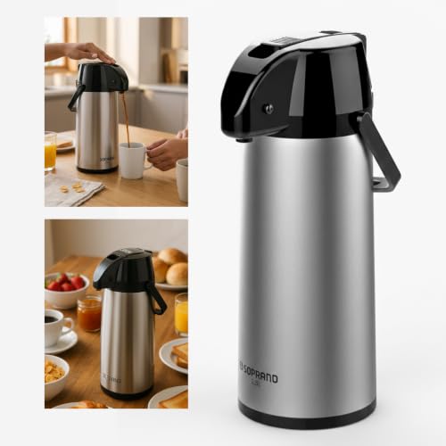 Garrafa Térmica Soprano Exclusive 2,5L Inox e Preto com Ampola de Vidro | Conserva Quente e Frio por até 15 Horas | Sistema de Pressão com Alavanca Retrátil