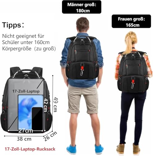MATEIN Groß Laptop Rucksack Herren 50L, 17,3 Zoll Arbeit Wasserdicht Backpack Laptoptasche Reisen Rucksack, Schulrucksack Teenager Jungen Anti Diebstahl Business Schwarz
