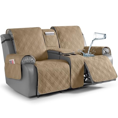 TAOCOCO Loveseat Recliner Cover with Center Console, 100% Waterproof Pet Cover for Dual Recliner with Straps Design, Split Reclining Loveseat Covers Furniture Pet&Kids Protector (2 Seater, Camel)