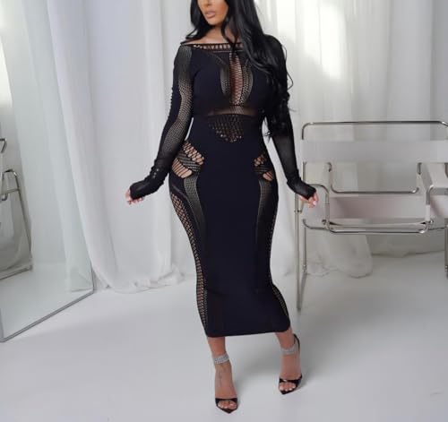 Women's Sexy Hollow Out Long Sleeves See Through Club One Piece Mesh Bodycon Maxi Dress2