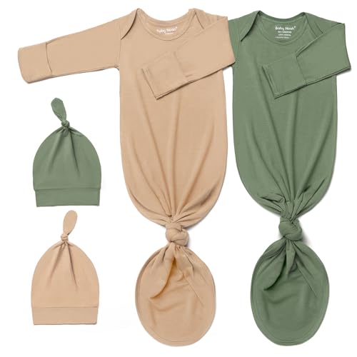 Image of 2Pk Newborn Knotted Gown Set, Soft Baby Sleep Sack & Hat, Boys Girls Clothes, Easy Diaper Change Baby Gift