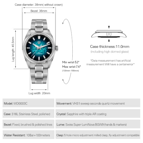 Image of watchdives WD0003C Elementum Original Design Men Watch VH31 Sweep Second Quartz Watch 36mm Sapphire Crystal Luxury Wristwatch 100m Waterproof Stainless Steel