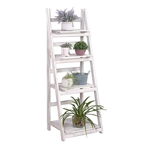RHF 45" Foldable Ladder Shelf,Plant Stand,Indoor Flower Pot Stand,Folding A Framde Display Shelf,Free Standing, Patio Rustic Wood Stand with Shelves,4 Tier Stand Outdoor Pot Rack, White