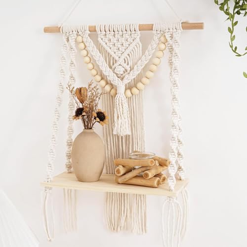 Image of Macrame Wall Hanging Shelf Handmade Floating Boho Decor Shelf Wooden Dowel and Beads with Braided Design for Display Bedroom Living Room Nursery Decor Home Office Shop Gifting Use Pack 1