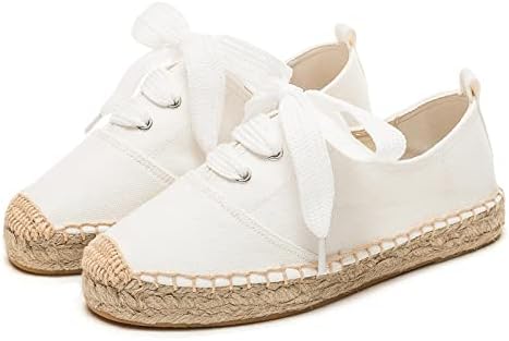 Casual Simple Espadrille Sneakers - Comfortable and Breathable Lace Up Women Flats, Thick Bottom Espadrilles for Women, Can Be Worn with Jeans, Floral Skirts, Long Skirts, Short Skirts(White,9) | Image 2