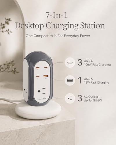 MiaoLab Torre Multitomas USB-C de Carga Rápida 7-en-1 100W, Estación de Carga de Escritorio con 3 USB-C, 1 USB-A y 3 Tomas AC, Protector Contra Sobretensión 1420J y Protección Contra Sobrecarga con Cable de Extensión Resistente miniatura 2