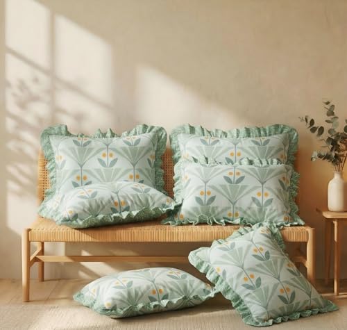 Image of VAS COLLECTIONS Cotton Pillow Covers Set of 6 (18x28 Inch) Rectangular Throw Pillow Cases with Frill Border, Envelope Closure Cushion Covers for Living Room, Bedroom & Diwan (Retro Botanical)