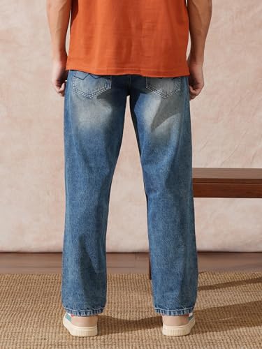 Image of WROGN Men's 100% Cotton Jeans | Solid | Baggy Fit