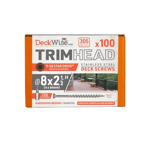 DeckWise #8x2-1/2 Stainless Steel Trim-Head Deck Screws, Hardwood Brown, T15 Head, Covers 50 Sq. Ft. of Decking (100 Pack)